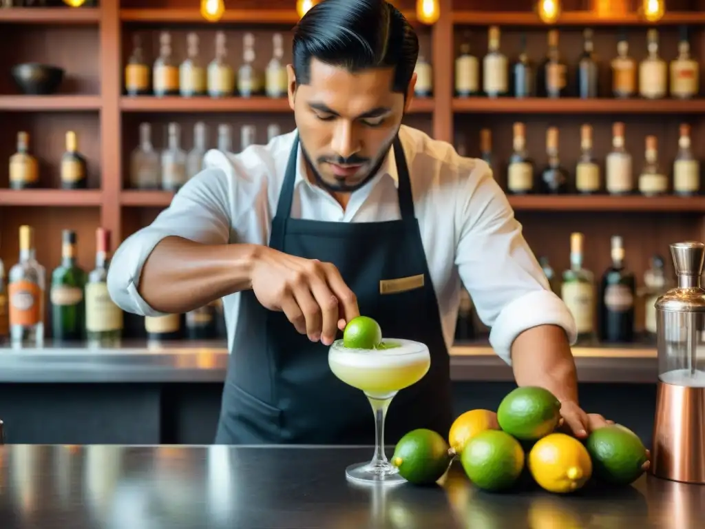 Bartender peruano preparando Pisco Sour auténtico en un bar vibrante y concurrido