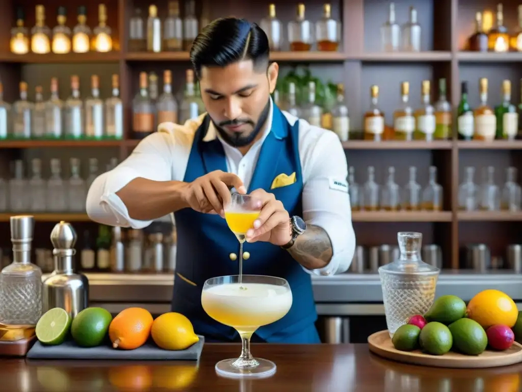 Bartender peruano preparando un pisco sour con maestría en un bar vibrante