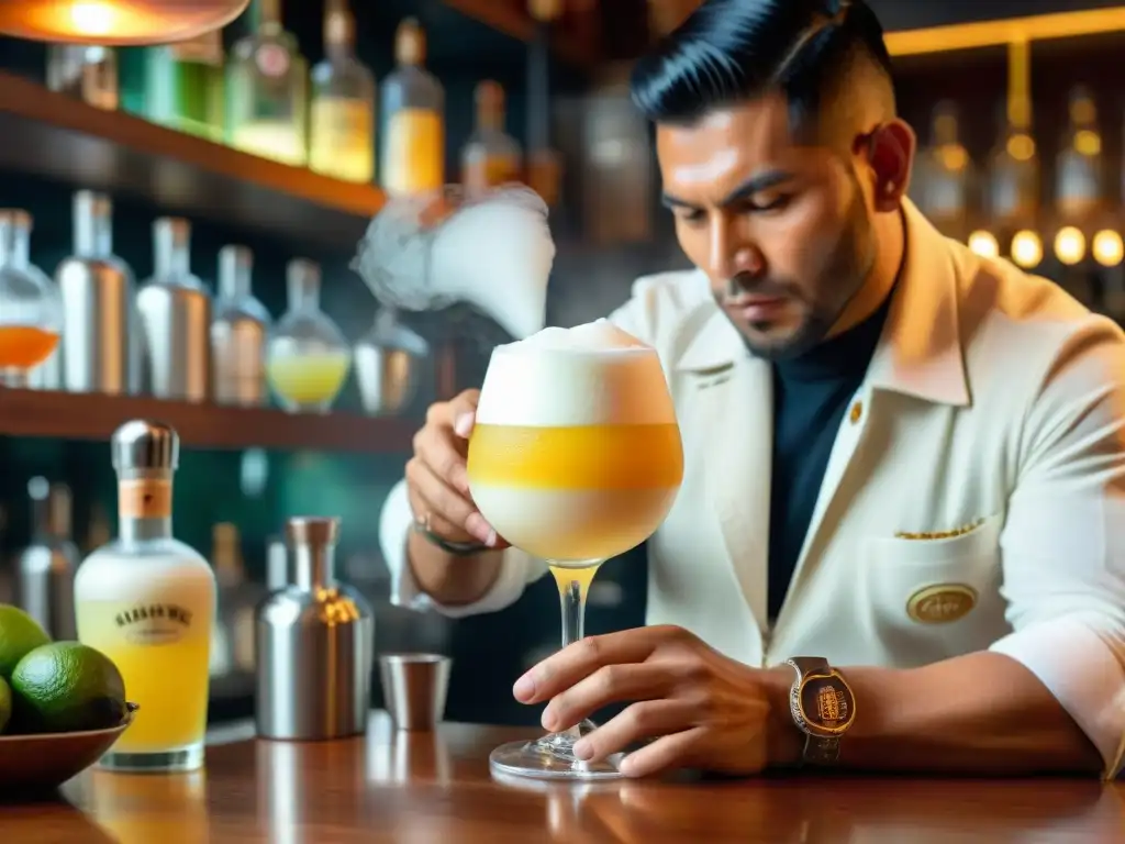 Bartender peruano elaborando un Pisco Sour, fusionando recetas autóctonas e innovadoras en un ambiente moderno