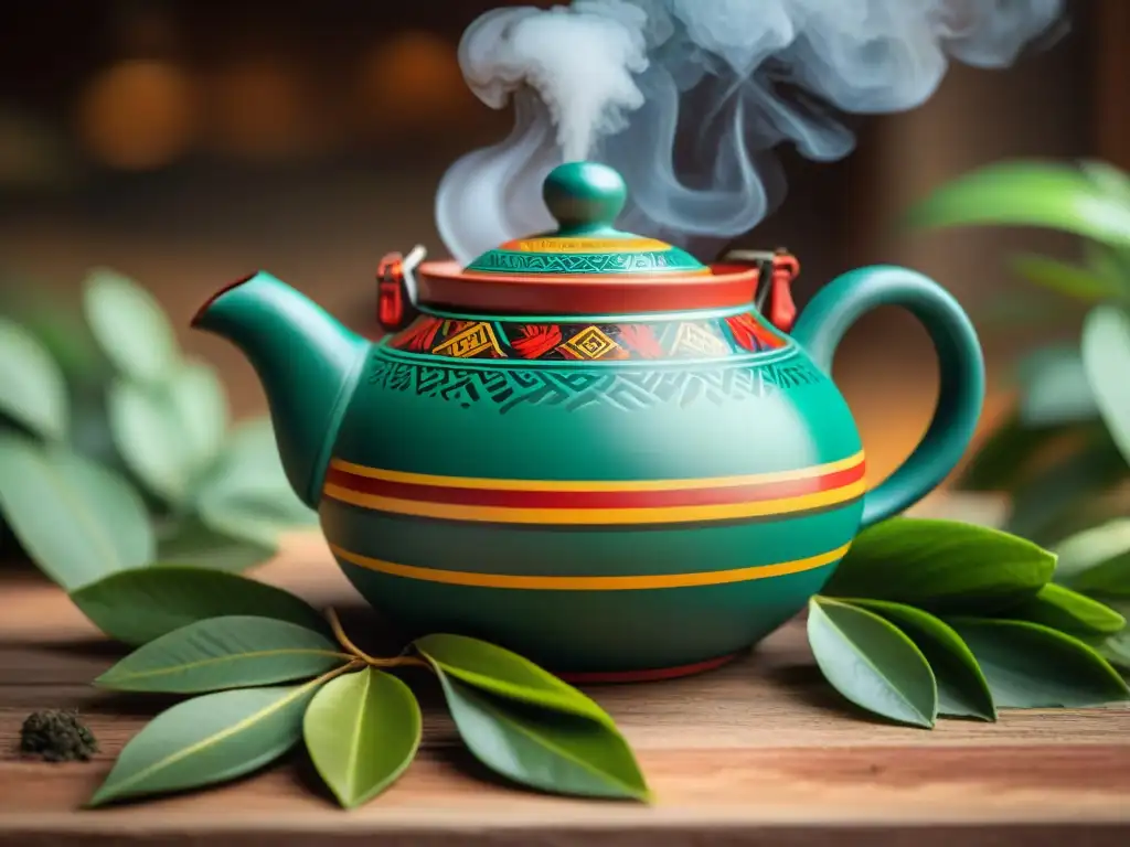 Té peruano utensilio correcto: Detalle de una Tetera Andina de barro con motivos andinos pintados a mano, rodeada de hojas de té coloridas