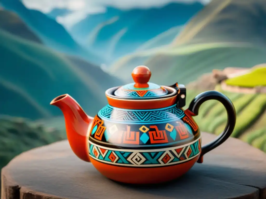 Té peruano utensilio correcto: Teapot peruano pintado con llamas y patrones andinos, en las montañas