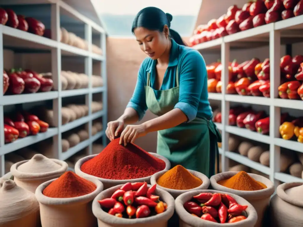 Fermentación de ajíes peruanos en vasijas de barro, ambiente tradicional y auténtico