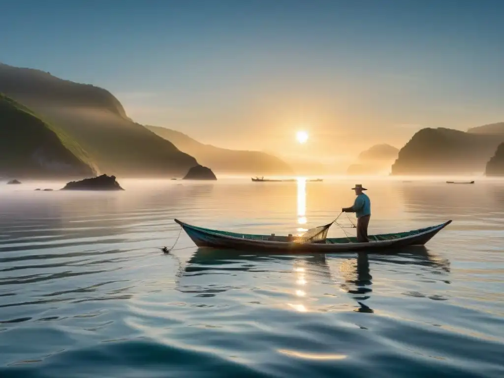 Un pescador local en su bote de madera tradicional lanza una red al mar al amanecer