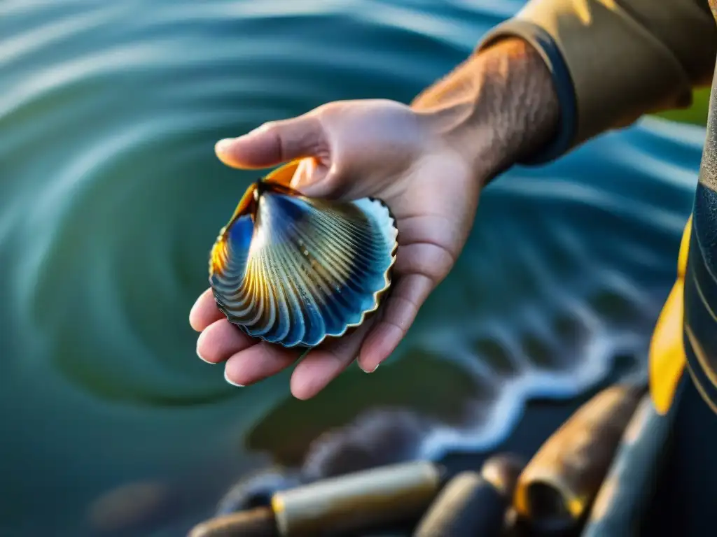 Un pescador local sostiene con cuidado una concha negra recién capturada, destacando su caparazón iridiscente bajo el sol, con el mar de fondo