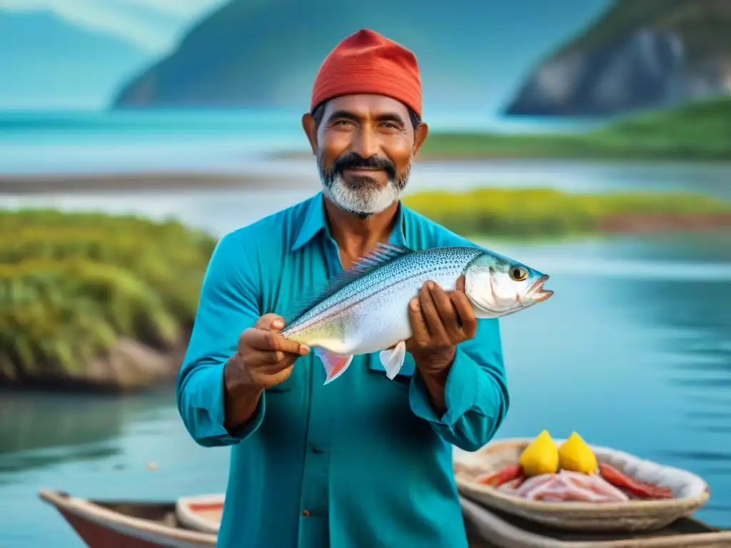 Un pescador local muestra orgulloso un pescado sostenible recién capturado, en un paisaje costero vibrante