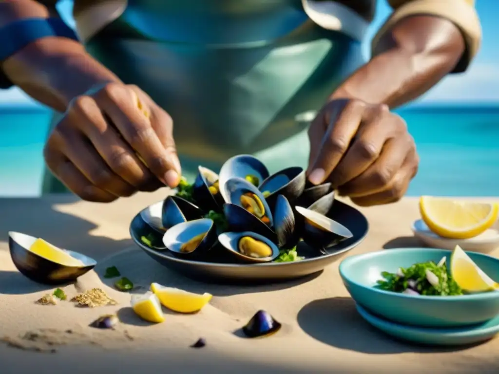 Un pescador local en traje tradicional abre con destreza conchas negras frescas para preparar un ceviche afrodisíaco en una playa virgen del norte