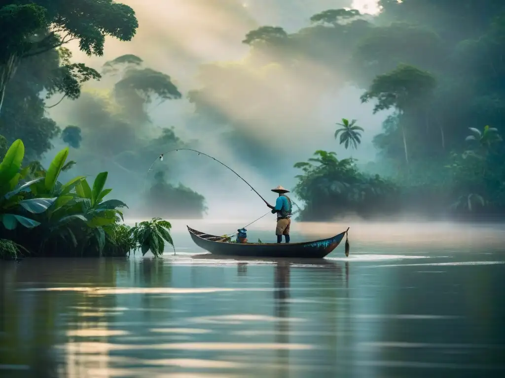 Pescador captura majestuoso paiche en río amazónico al amanecer