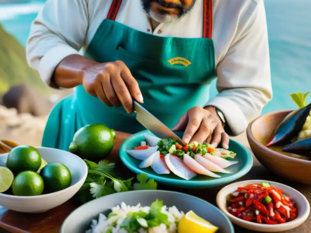 Un pescador peruano ancestral preparando ceviche junto al mar