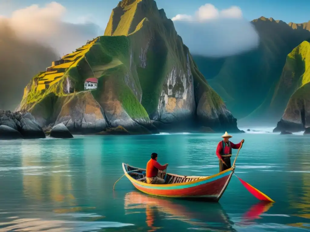 Un pescador peruano en su bote pesquero de madera, lanzando una red al amanecer en el Pacífico