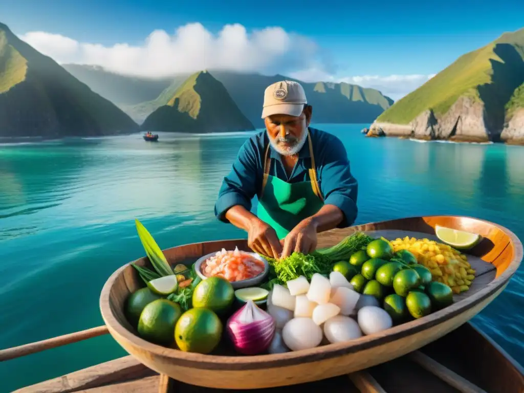 Un pescador peruano preparando ceviche en un bote de madera, iluminado por el sol junto al mar