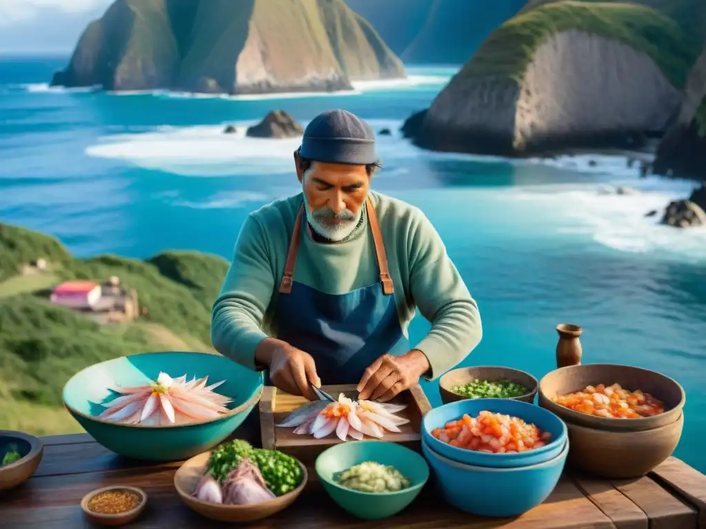 Un pescador peruano preparando ceviche al amanecer en un bote, destacando la historia del ceviche peruano