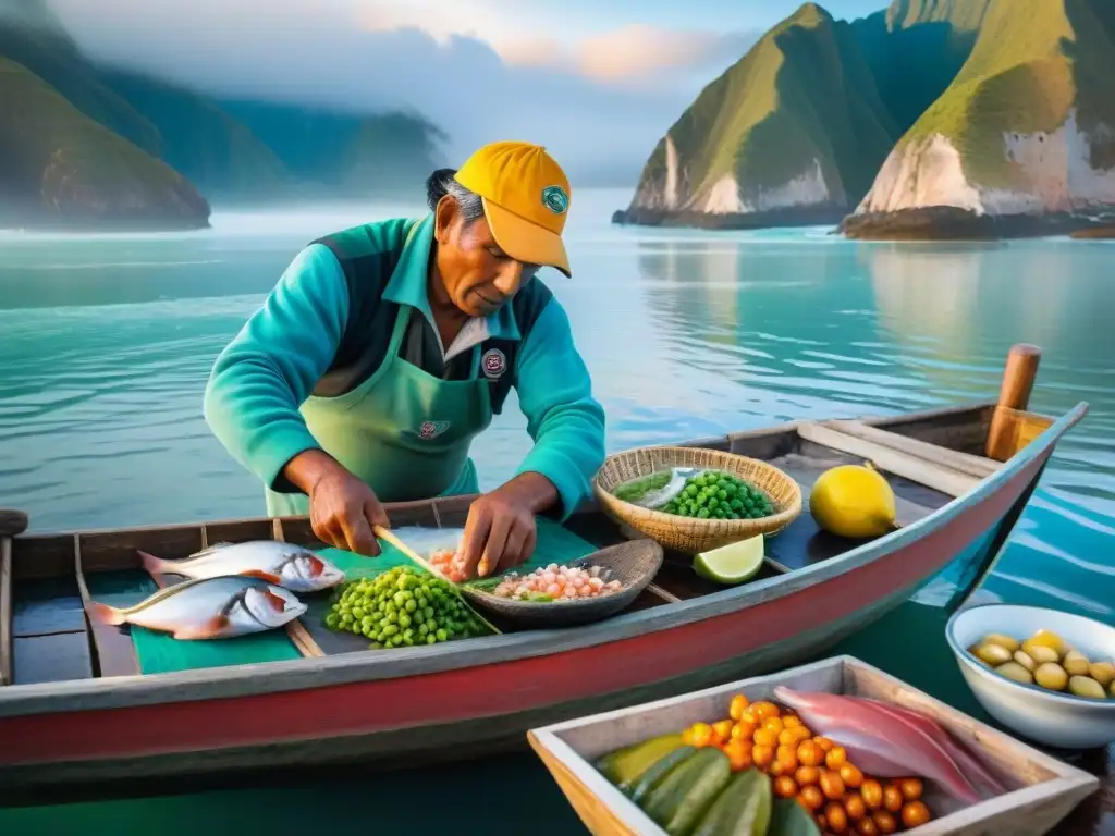 Hábil pescador peruano preparando ceviche al amanecer en bote de madera con redes de pesca, reflejos en el mar