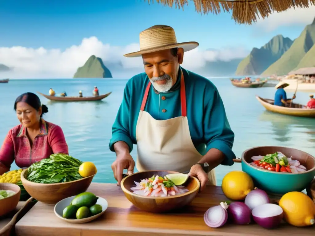 Un pescador peruano preparando ceviche en un bote de madera, en un mercado costero