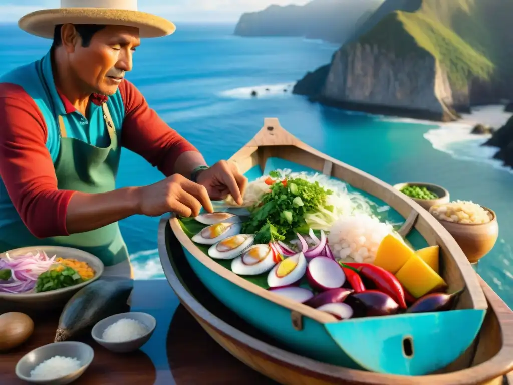 Un pescador peruano preparando ceviche en su bote de madera en la costa, con ingredientes frescos y el mar de fondo