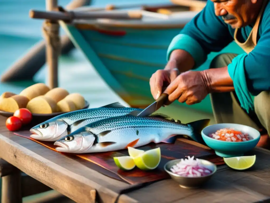 Un pescador peruano prepara ceviche con destreza, mostrando el origen y evolución del ceviche en la cultura peruana