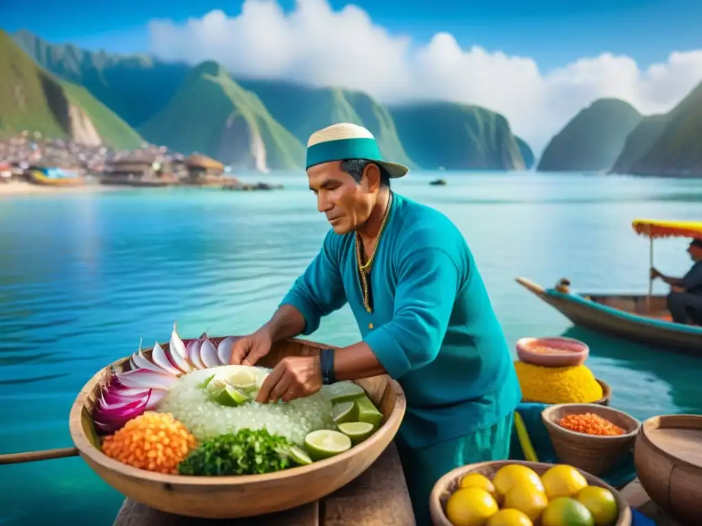 Un pescador peruano preparando ceviche fresco en un bote rodeado de ingredientes, capturando la historia del ceviche peruano