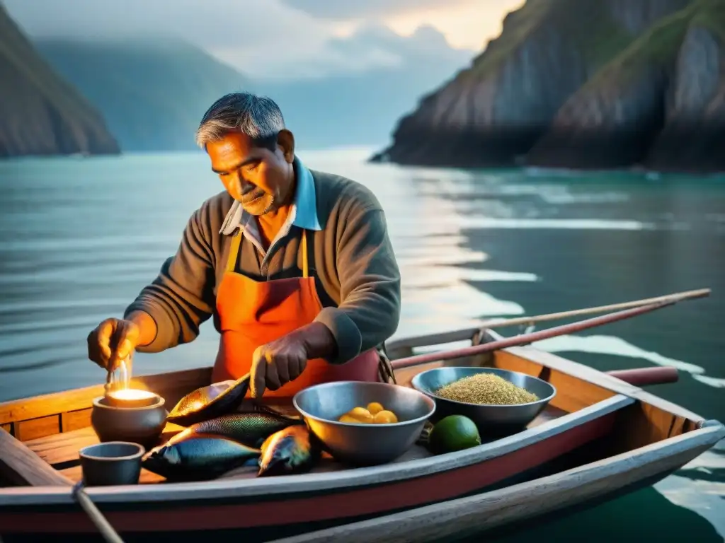 Un pescador peruano prepara con destreza una receta chilcano de pescado en un bote de madera al amanecer en la bahía, resaltando las raíces costeras