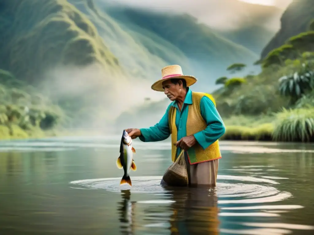 Pescador peruano liberando una especie en peligro en río vibrante