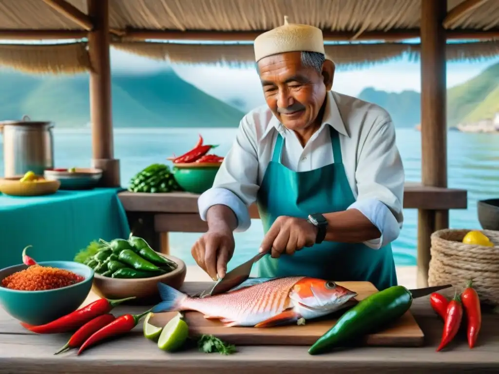 Un pescador peruano experto en filletar pescado fresco en un mercado costero vibrante, mostrando la receta chilcano pescado raíces costeras