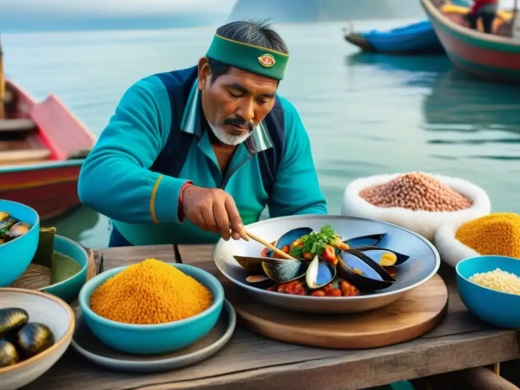 Un pescador peruano prepara mariscos al amanecer en su bote de madera, mostrando la riqueza de las recetas mariscos peruanos tradicionales