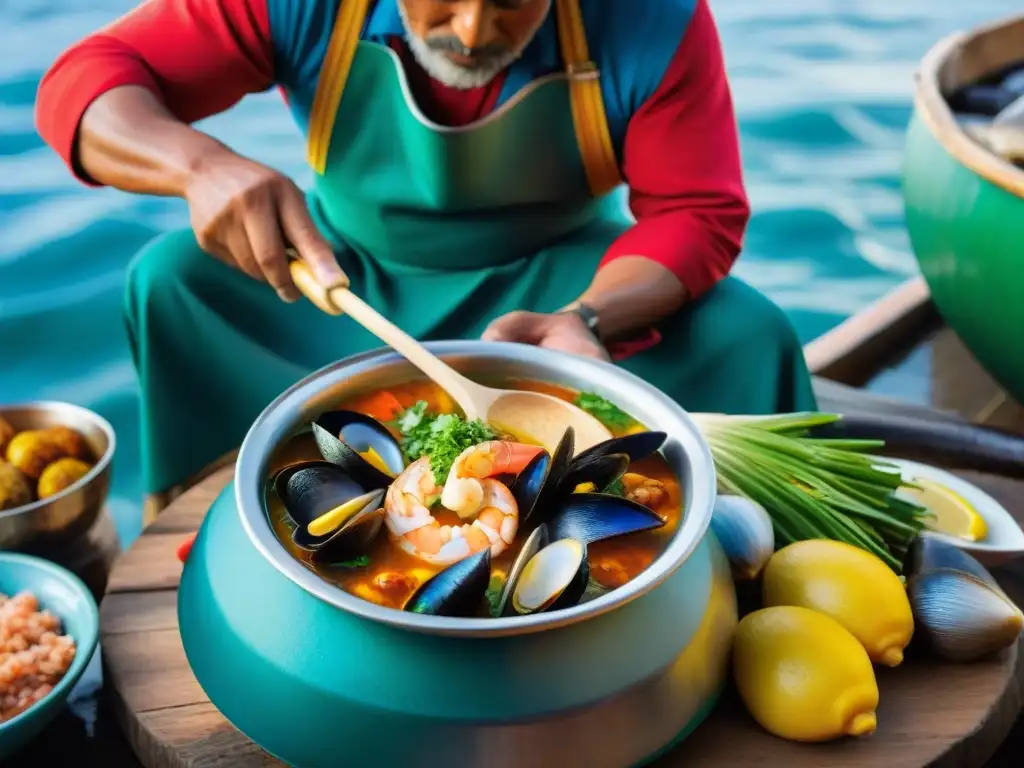 Un pescador peruano preparando una parihuela en un bote, rodeado de ingredientes marinos frescos