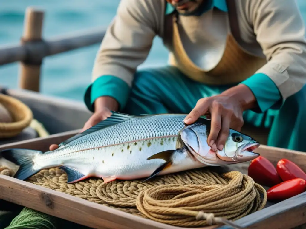 Un pescador peruano prepara pescado fresco para un Chilcano de Pescado, destacando las raíces costeras y la autenticidad de la receta