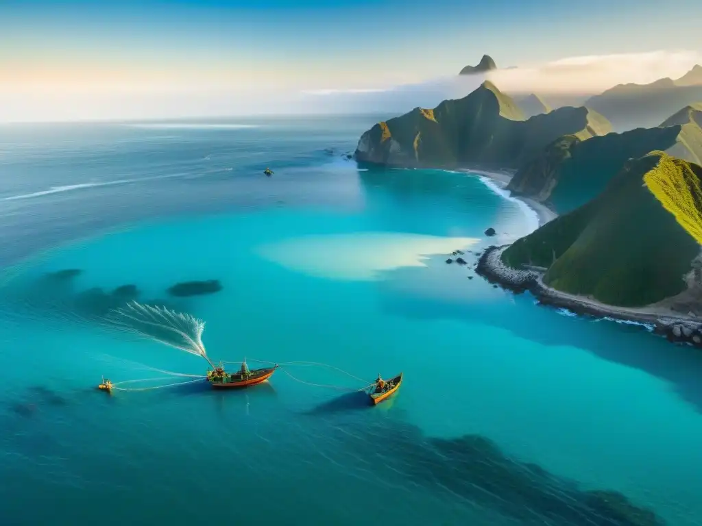 Pescador peruano lanzando la red al amanecer en el Océano Pacífico, con barcos pesqueros y pelícanos