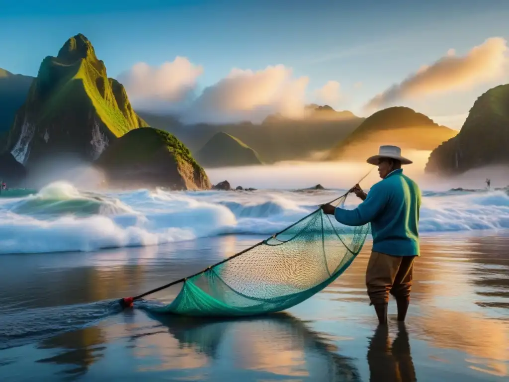 Un pescador peruano lanza su red al océano al amanecer, rodeado de botes coloridos