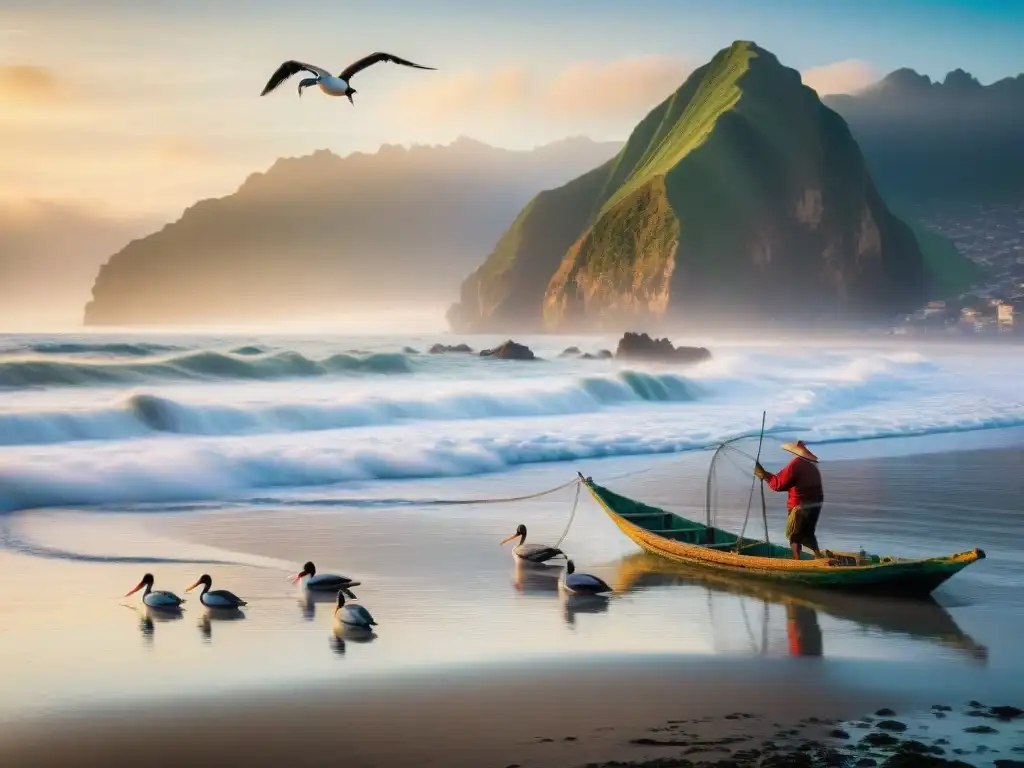 Pescador peruano lanzando su red al amanecer en el océano, con botes coloridos y pelícanos en vuelo