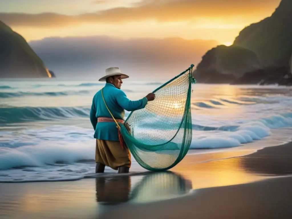 Un pescador peruano lanza su red al amanecer en el océano Pacífico, iluminado por el sol