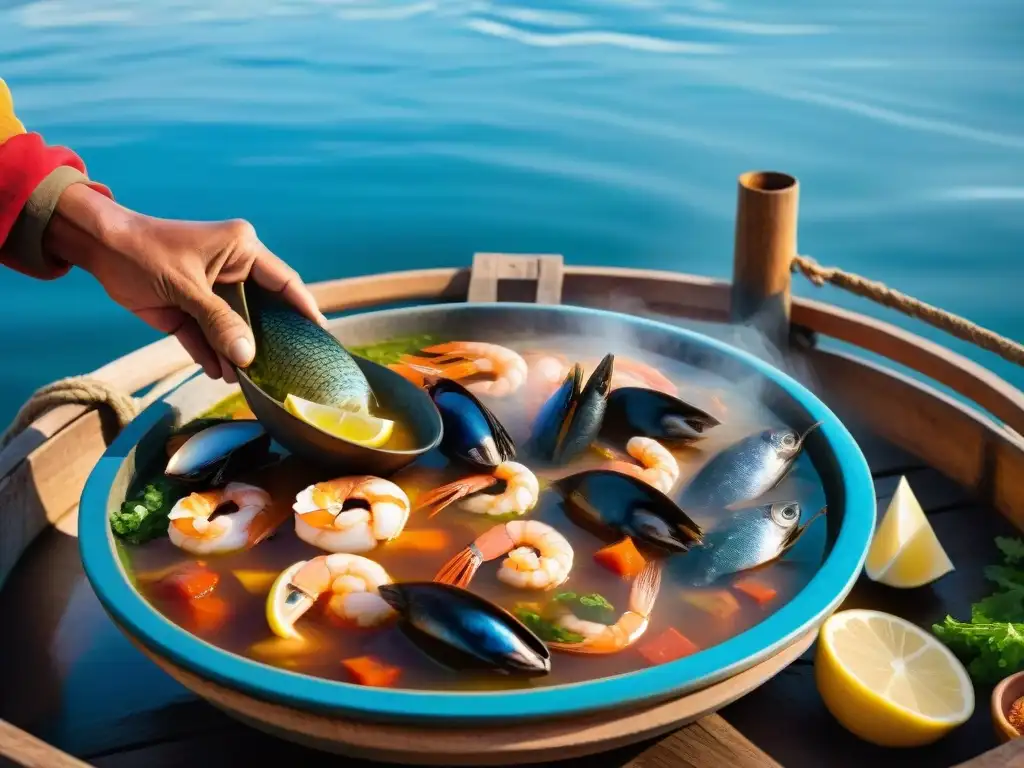 Un pescador peruano prepara una sopa marina tradicional en un bote de madera, rodeado de mariscos frescos