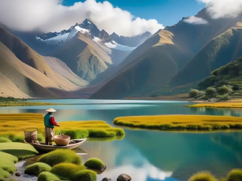 Un pescador preparando truchas en un lago de montaña en Perú, reflejando la belleza natural