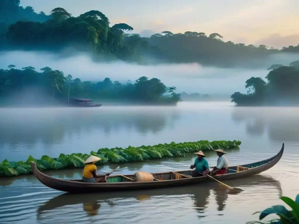 Pescadores en canoas en ríos amazónicos al amanecer, reflejando la conexión con la dieta local y la biodiversidad