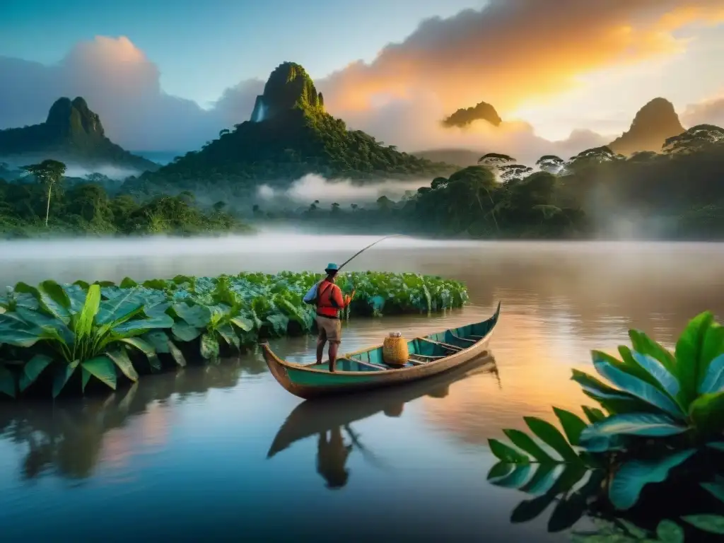 Pescadores indígenas capturan peces en ríos amazónicos al amanecer, reflejando la dieta local y la belleza de la selva