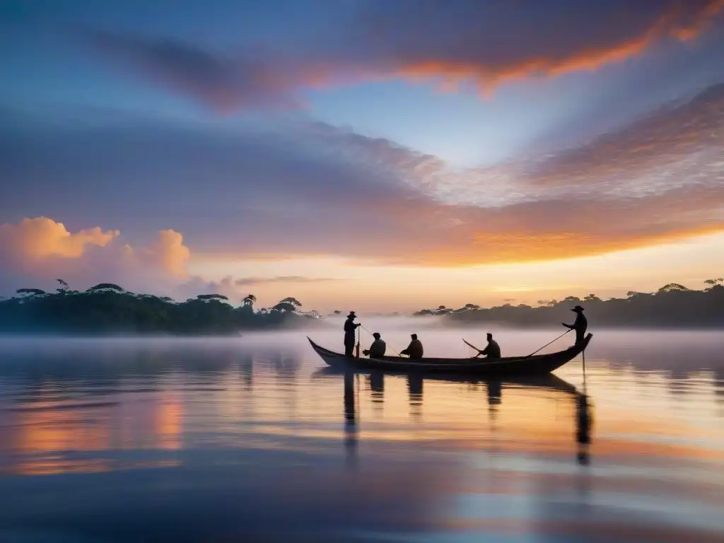 Pescadores indígenas en el río Amazonas lanzando redes al amanecer, con un paiche nadando