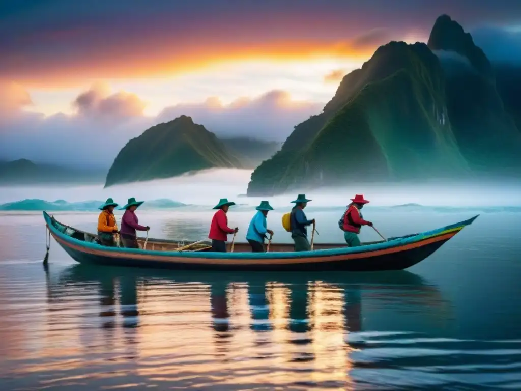 Pescadores peruanos en barcos tradicionales pescando bonito al amanecer, reflejos de colores vibrantes en el mar tranquilo