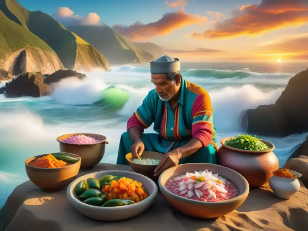 Pescadores peruanos preparando ceviche al atardecer en la costa