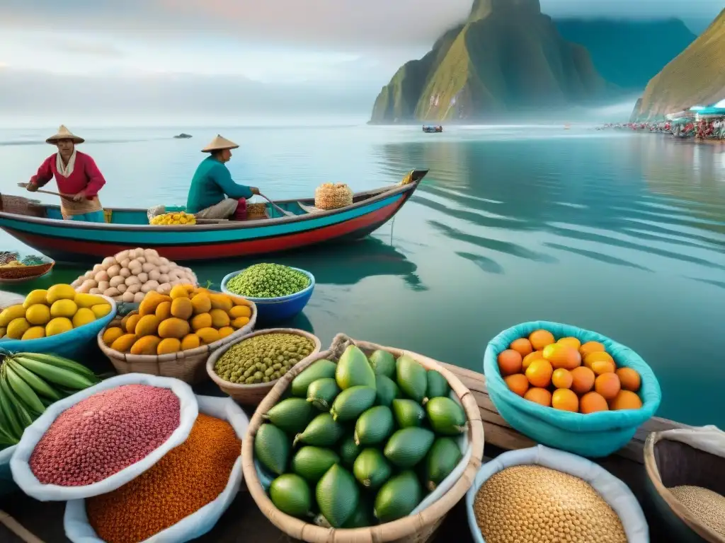 Pescadores descargan pescado fresco en un bullicioso mercado peruano, rodeado de frutas y especias