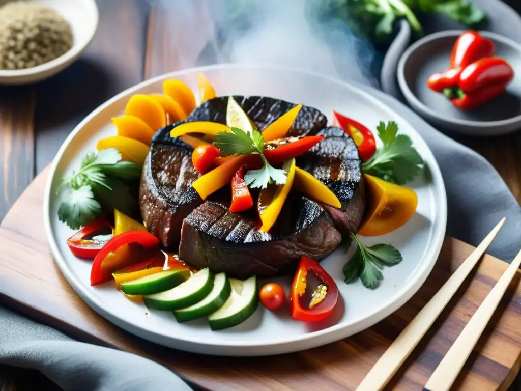 Una piedra de cocinar lomo saltado con carne, pimientos y hierbas frescas, creando una imagen apetitosa de la cocina peruana