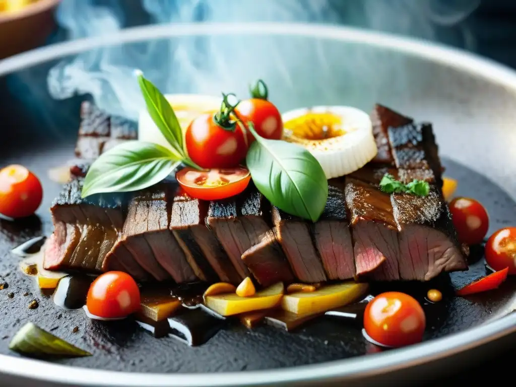 Piedra de cocinar lomo saltado con carne, cebolla y tomate dorados, creando una experiencia culinaria irresistible