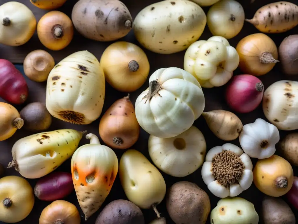 Una pila vibrante de tubérculos de olluco recién cosechados, mostrando su textura nudosa y colores terrosos