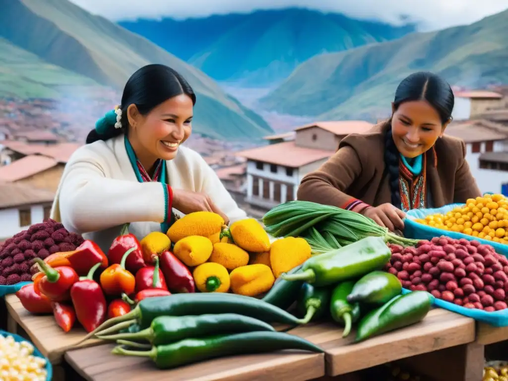 Pintoresco mercado en Cusco, Perú con ajíes y maíz