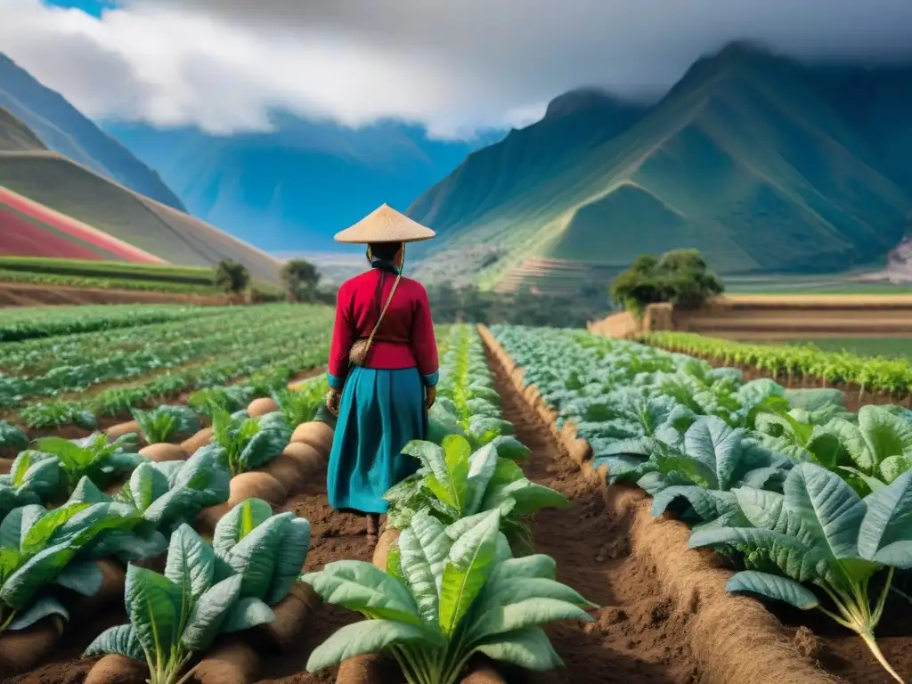 Una pintura detallada de un exuberante paisaje andino con plantas de olluco vibrantes y saludables bajo el cielo azul