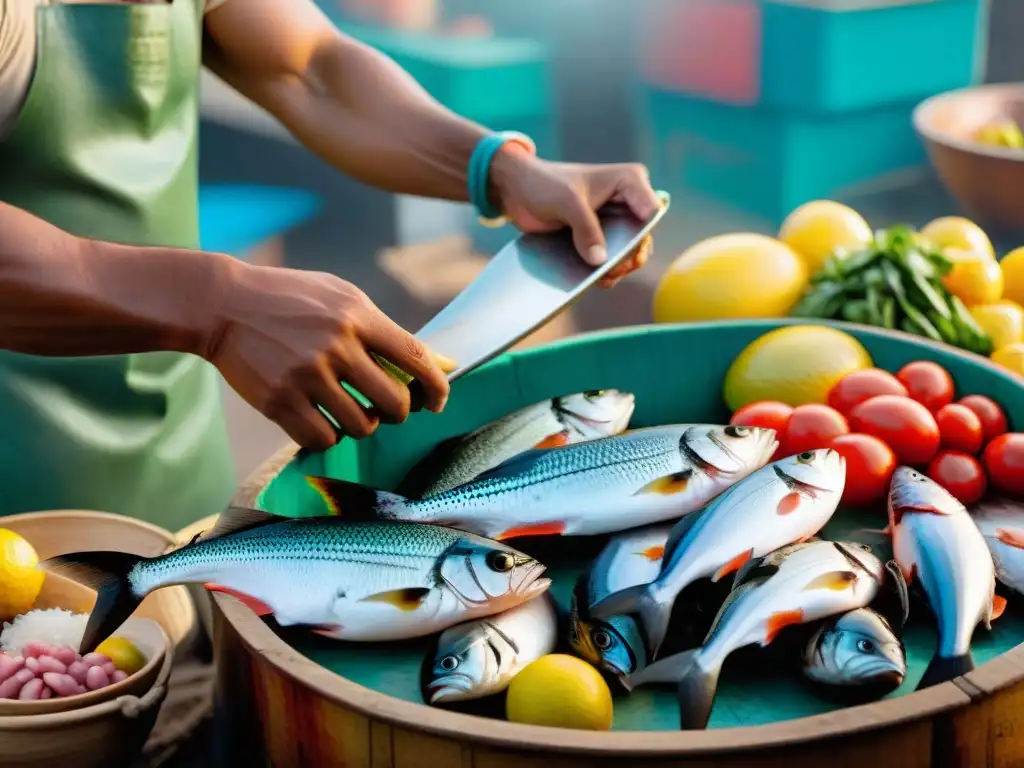 Pintura detallada de mercado pesquero peruano: Origen evolución ceviche peruano