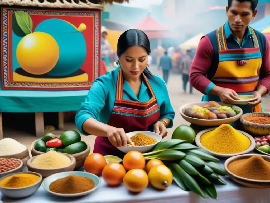 Artistas peruanos capturando la esencia culinaria en un mercado vibrante Pintura moderna de la gastronomía peruana representada por artistas apasionados en un bullicioso mercado peruano