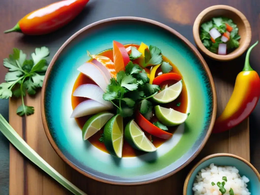 Pintura vibrante de ceviche peruano: colores y sabores Pintura moderna de la gastronomía peruana: un ceviche tradicional con pescado, limón, cilantro y rocoto en un plato de madera