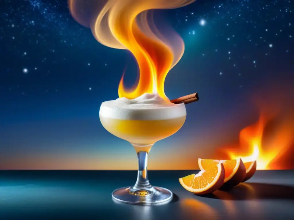 Un Pisco Sour ardiente en un vaso moderno, con un toque de naranja en llamas, bajo un cielo estrellado