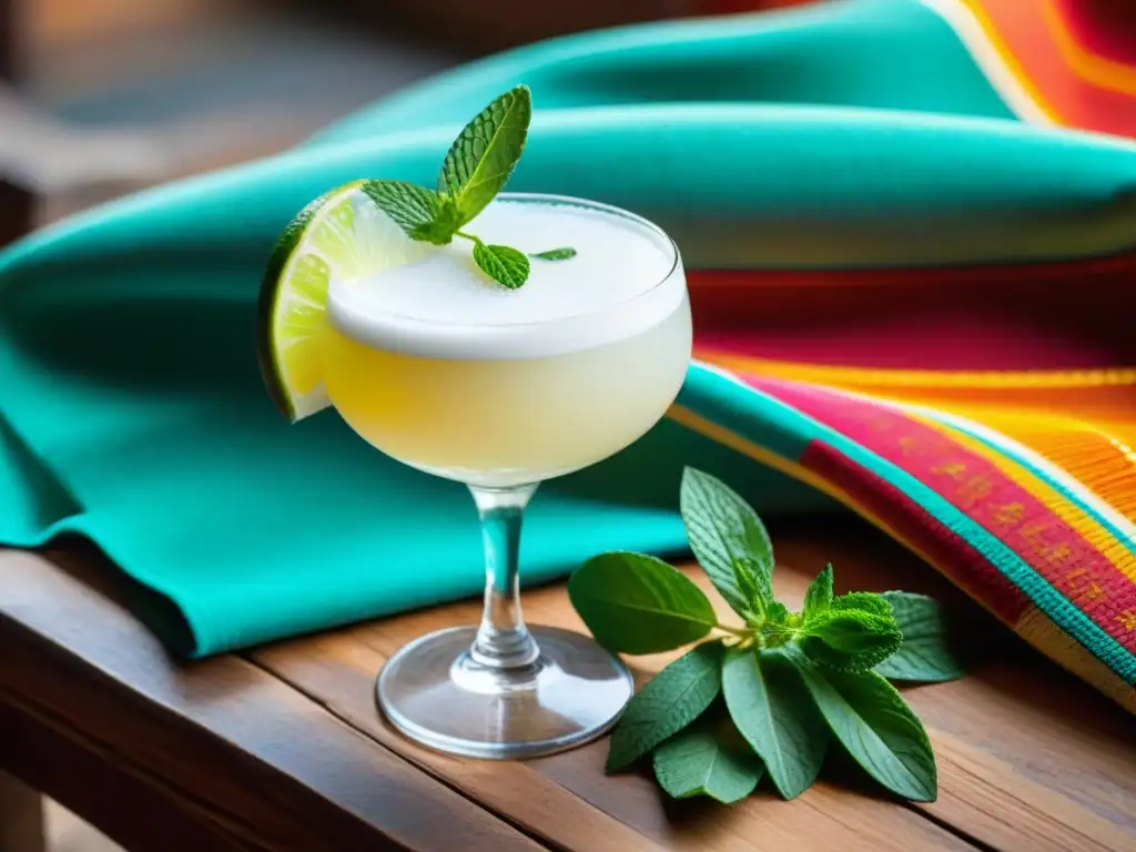 Preparar Pisco Sour auténtico Perú: Detalle de un exquisito cóctel en vaso elegante, con lima y menta, sobre mesa rústica y alfarería peruana colorida