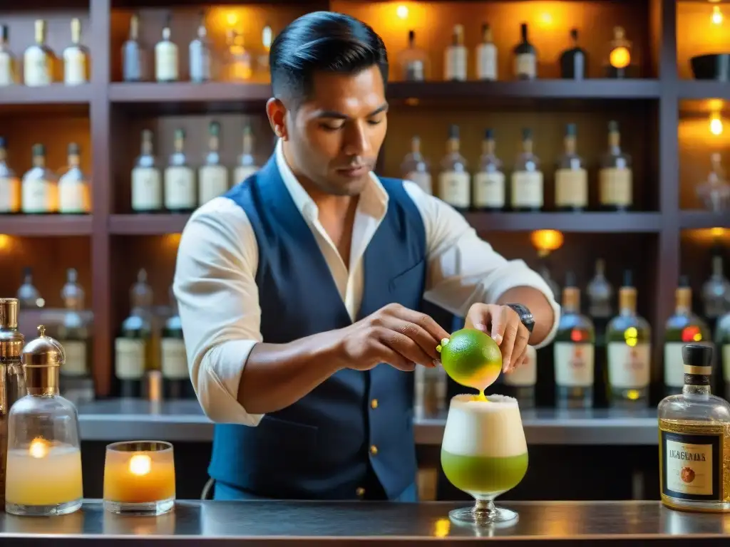 Un Pisco Sour perfectamente elaborado en un bar de Lima, Perú, mostrando la destreza y la magia de la Cata Piscos sabores únicos Perú