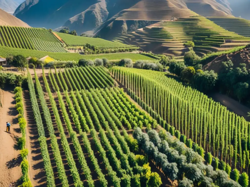 Producción de Pisco en Perú: Viñedos exuberantes, cosecha manual de uvas bajo el sol andino, uniendo naturaleza y tradición